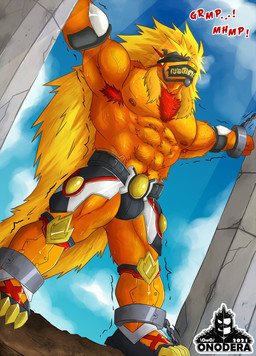 abs anthro armpit_hair bdsm blindfold blonde_hair bodily_fluids body_hair bondage bound chain fur gag genital_fluids hair light male muffled muffled_speech muscular muscular_anthro muscular_male muzzle_(object) muzzled nipples orange_body orange_fur pecs pillar sensory_deprivation shaking solo sunlight sweat tape tape_gag text vein veiny_muscles onodera bandai_namco digimon apollomon digimon_(species) hi_res