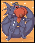absurd_res anthro areola biceps big_breasts black_sclera breasts female fist garchomp generation_4_pokemon genitals hi_res huge_breasts multicolored_body muscular muscular_anthro muscular_female nintendo nipple_dip nipples nude orange_eyes pillowymounds pokemon pokemon_(species) pussy red_areola red_nipples solo two_tone_body