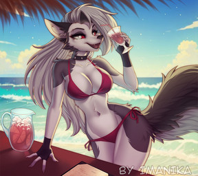 4_fingers anthro beach bikini bikini_bottom bikini_top breasts claws clothed clothed_anthro clothed_female clothing cloud collar day female finger_claws fingers front_view fur grey_body grey_fur grey_hair grey_tail hair holding_glass holding_object inner_ear_fluff looking_at_viewer navel open_mouth open_smile outside piercing red_sclera sand sea sky smile solo spiked_collar spikes standing swimwear tail teeth tongue tuft two-piece_swimsuit water white_body white_eyes white_fur imanika hellaverse helluva_boss mythology loona_(helluva_boss) canid canid_demon canine demon hellhound mammal mythological_canine mythological_creature 2025 digital_media_(artwork)