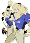 anthro arm_grab athletic athletic_female athletic_male baseball_uniform bottomwear clothed clothing dipstick_ears duo ear_markings eyes_closed female footwear fur kemono larger_male lifted male mane mascot multicolored_ears open_mouth pants shirt shoes simple_background size_difference smaller_female sportswear topwear uniform whiskers white_background white_body white_fur white_mane wristband atie1225 nippon_professional_baseball saitama_seibu_lions leo_(saitama_seibu_lions) lina_(saitama_seibu_lions) felid lion mammal pantherine 2021 brother_(lore) brother_and_sister_(lore) sibling_(lore) sister_(lore)