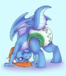 anthro blue_body blue_skin clean_diaper clothed clothing diaper diaper_only furgonomics hair male orange_hair simple_background solo tail topless wearing_diaper young young_anthro dracky mythology bluescales dragon mythological_creature mythological_scalie scalie 2018 hi_res