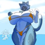 anthro beach big_breasts bikini blue_body blue_fur blush breasts clothing duo erection female female_focus fur huge_breasts male red_eyes solo_focus swimwear two-piece_swimsuit unknown_artist racchel felid feline mammal 1:1 hi_res