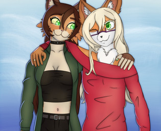 anthro arm_around_another belt big_ears black_belt black_bottomwear black_clothing black_collar black_pants black_topwear blonde_hair bottomwear breasts brown_body brown_ears brown_fur brown_hair cleavage clothed clothing collar countershading crop_top digit_ring duo eyewear female fingerless_(marking) fingerless_gloves_(marking) fur glasses gloves_(marking) green_clothing green_eyes green_jacket green_topwear hair hand_on_shoulder inner_ear_fluff jacket jewelry long_hair looking_at_another markings midriff navel navel_blush one_eye_closed orange_body orange_fur outside pants purple_eyewear purple_glasses red_clothing red_sweater red_topwear ring shirt sky_background smile smiling_at_another sweater topwear tuft wedding_ring white_body white_countershading white_fur white_inner_ear_fluff wink stellaamoris nalini_(freyana) stella_(stellaamoris) canid canine felid feline fox mammal absurd_res digital_drawing_(artwork) digital_media_(artwork) hi_res