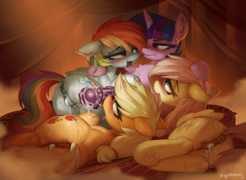 after_sex animal_genitalia animal_penis animal_vulva bed bedroom_eyes big_penis blush blush_lines bodily_fluids butt cum cum_in_vagina cum_inside cum_on_butt cum_on_penis cutie_mark dominant dominant_gynomorph dominant_intersex equine_genitalia equine_penis equine_vulva eyelashes female feral foursome freckled_butt freckled_face freckles furniture genital_fluids genitals glistening glistening_genitalia glistening_penis group group_sex gynomorph happy intersex intersex/female leaking_cum long_eyelashes looking_pleasured lying lying_on_bed narrowed_eyes on_bed penis seductive sex vulva quotepony friendship_is_magic hasbro my_little_pony applejack_(mlp) fluttershy_(mlp) rainbow_dash_(mlp) twilight_sparkle_(mlp) equid equine horse mammal pony hi_res