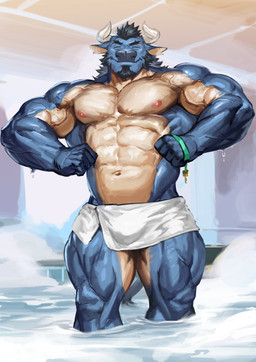 5_fingers anthro barazoku bath beard big_muscles black_hair blue_body blue_fur blue_nose eyes_closed facial_hair fingers flexing fur hair horn huge_muscles humanoid_hands male multicolored_body multicolored_fur muscular muscular_anthro muscular_male nipples pink_nipples scar smile solo standing tan_body tan_fur towel towel_only two_tone_body two_tone_fur vein veiny_muscles water wet white_horn traver009 bovid bovine cattle mammal 2021 absurd_res hi_res