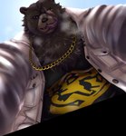 anthro belly big_belly black_nose bodily_fluids brown_body brown_fur clothing fur kemono male overweight overweight_anthro overweight_male shirt solo sweat tongue tongue_out topwear hikoero777 mihoyo zenless_zone_zero ben_bigger bear mammal 2022