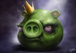 2010 angry_birds artist_name body_hair crown crown_only domestic_pig feral frown frown_eyebrows goes_hard green_body green_lips green_skin half-closed_eyes headgear indigo_background king_pig lips mammal narrowed_eyes realistic rovio_entertainment sam_spratt sega signature solo suid suina sus_(pig)
