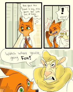 adolescent angry anthro black_nose clothed clothing duo fur green_eyes male multicolored_body multicolored_fur orange_body orange_fur school school_uniform simple_background speech_bubble teeth text thought_bubble uniform yelling young a-wh-b disney zootopia nick_wilde bovid canid canine caprine domestic_sheep fox mammal red_fox sheep true_fox 2017 4:5 comic english_text
