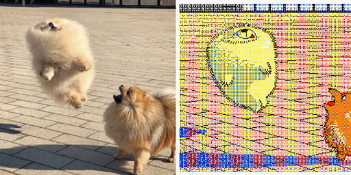 ambiguous_gender barking comparison duo feral floating fur light_body light_fur open_mouth orange_body orange_fur photo quadruped red_tongue shadow spinning tongue yellow_body yellow_fur keke_(artist) canid canine canis domestic_dog mammal 7:3 animated frame_by_frame loop