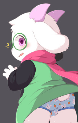 2_horns 4_fingers anthro balls_outline biped black_clothing black_eyebrows black_robe blush blush_lines bulge clothed clothed_anthro clothed_male clothing detailed_bulge emanata eyebrows eyewear fingers flash_emanata floppy_ears fur furgonomic_underwear furgonomics genital_outline glasses glistening glistening_eyes green_clothing green_eyewear green_glasses green_robe grey_background horn looking_at_viewer looking_back looking_back_at_viewer male male_anthro multicolored_clothing multicolored_robe open_mouth pattern_clothing pattern_underwear pink_eyes pink_scarf print_clothing print_underwear purple_horn robe round_glasses scarf scut_tail short_tail simple_background solo tail thin_eyebrows tongue tongue_showing two_tone_robe underwear wearing_glasses white_body white_fur white_tail young young_anthro young_male toruu deltarune undertale_(series) ralsei bovid caprine darkner goat mammal 2025 absurd_res digital_media_(artwork) hi_res