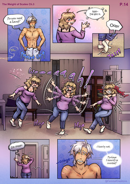 blonde_hair blue_eyes bottomwear bra bruised clothing denim denim_bottomwear denim_clothing dialogue duo falling female hair hopping jeans magic male male/female not_furry pants pointy_ears scar speech_bubble tan_body tan_skin towel towel_only tripping underwear white_hair wounded fanimal_creations the_weight_of_scales drake_(the_weight_of_scales) iris_(the_weight_of_scales) elf human humanoid mammal absurd_res comic hi_res