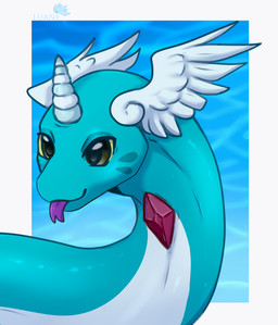 blep blue_body cheek_markings countershading facial_markings feathered_wings feathers feral gem head_markings horn markings red_markings serpentine tongue tongue_out unicorn_horn white_body wings yellow_eyes irosan nintendo pokemon fan_character gwini_(gyro) dragonair generation_1_pokemon pokemon_(species) hi_res