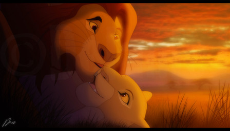 canon_couple detailed_background duo eye_contact female feral feral_on_feral fur grass happy intraspecies looking_at_another looking_down looking_up lying male male/female mane nude on_back open_mouth outside plant red_eyes romantic romantic_ambiance romantic_couple savanna smile sunset tan_body tan_fur yellow_sclera delaniej disney the_lion_king mufasa sarabi_(the_lion_king) felid lion mammal pantherine 2012 digital_media_(artwork) distracting_watermark hi_res smaller_version_at_source story story_at_source watermark