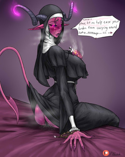 big_breasts big_butt black_sclera blush bodily_fluids breasts butt camel_toe clothed clothed_female clothed_humanoid clothing curvy_figure dialogue female genital_fluids glowing glowing_eyes horn humanoid_pointy_ears not_furry nun nun_habit pointy_ears purple_body purple_eyes purple_skin religious_clothing solo spade_tail steaming tail text underwear vaginal_fluids voluptuous wet plasmidhentai demon demon_humanoid horned_humanoid humanoid tailed_humanoid 4:5 english_text hi_res