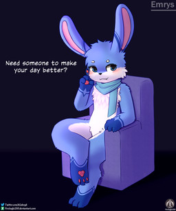 anthro blush claws fangs furniture male paws rabbit_ears scarf sitting sofa solo teeth text senz emrys_(senz) lagomorph leporid mammal rabbit absurd_res english_text hi_res url