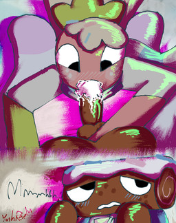 anal anal_fisting anal_penetration balls blush bodily_fluids brown_body butt cake clothed clothing cream_(food) cum cum_in_mouth cum_inside cum_on_penis cum_while_penetrated dessert dialogue duo ejaculation erection fellatio fisting food for_a_head fruit genital_fluids genitals gloves_(marking) half_naked hand_on_butt hands-free humanoid_genitalia humanoid_penis leaf legwear looking_pleasured male male/male male_penetrated male_penetrating male_penetrating_male markings moan oral oral_penetration penetration penile penis photo_background plant roll_cake scarf sex sprinkles stockings strawberry text topwear yoshreveluv blushcrunch_studio dandy's_world roblox cosmo_(dandy's_world) sprout_(dandy's_world) animate_inanimate elemental_creature flora_fauna food_creature humanoid living_dessert living_fruit toon_(dandy's_world) digital_drawing_(artwork) digital_media_(artwork) english_text mixed_media photography_(artwork) shaded