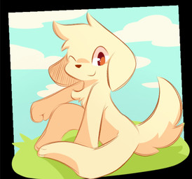 3_toes anthro big_eyes black_border black_nose border brown_eyes casual_nudity chest_tuft closed_smile cloud day featureless_crotch feet fingers fist floppy_ears fur grass hair happy looking_at_viewer male mouth_closed nude one_eye_closed outside plant side_view sitting smile solo spread_legs spreading tail tan_body tan_fur tan_hair toes tuft soarfloh sol_(joxh) bird_dog canid canine canis domestic_dog golden_retriever hunting_dog mammal retriever 2025 cel_shading digital_media_(artwork) full-length_portrait hi_res portrait shaded