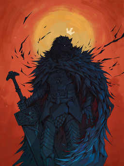 anthro armor backlighting cape clothing crown fangs floating_crown headgear holding_melee_weapon holding_object holding_sword holding_weapon light looking_forward male melee_weapon scar solo standing sword teeth weapon eruprior elden_ring fromsoftware blaidd_(elden_ring) canid canine canis mammal wolf absurd_res hi_res lighting