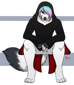 anthro bottomless clothed clothing femboy fur hair looking_at_viewer male simple_background smile solo redpixie canid canine canis mammal wolf hi_res