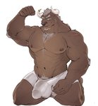 5_fingers abs absurd_res anthro balls_outline barazoku beard big_bulge big_muscles bladetiger blue_eyes body_hair bovid bovine brown_body brown_fur brown_nipples brown_nose bulge cattle chest_hair clothed clothing detailed_bulge eyebrows facial_hair fingers flexing fur genital_outline grey_hair hair hi_res horn horn_jewelry horn_ring huge_bulge huge_muscles humanoid_hands jewelry kneeling male mammal muscular muscular_anthro muscular_male nipples pecs penis_outline pubes ring_(jewelry) scar simple_background solo thick_eyebrows topless underwear underwear_only vein veiny_muscles white_background white_clothing white_horn white_underwear