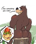 2024 anthro anthro_on_anthro banjo-kazooie banjo_(banjo-kazooie) bear big_butt blush bowser butt cutaway dialogue duo elpiratalakshm1 english_text eyebrows fur grass hair heart_symbol hi_res horn imminent_sex inviting koopa looking_back male male/male mammal mario_bros muscular muscular_anthro muscular_male narrowed_eyes nintendo nude open_mouth open_smile plant rareware rear_view scalie simple_background sitting smile stump teeth text tongue tuft watermark wood