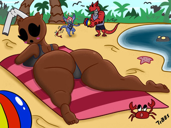 anthro beach breasts brown_body butt clothing coconut drinking_straw drupe_(fruit) female food fruit group male panties plant shirt tail tapering_tail thick_tail topwear trio underwear tibbs godzilla_(series) mythology toho baku_(tibbs) godzilla star_(tibbs) arthropod crab crustacean decapod dragon elemental_creature flora_fauna food_creature kobold living_fruit malacostracan mythological_creature mythological_scalie scalie 4:3 hi_res