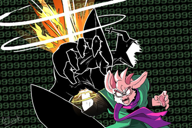 anthro belly_punching damage_numbers duo gameplay_mechanics male punch acescarletyeen deltarune dragon_ball dragon_ball_z undertale_(series) goku ralsei roaring_knight bovid caprine goat mammal hi_res