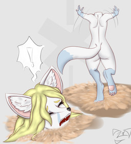 anthro blonde_hair decapitation detachable detachable_head digitigrade exclamation_point eyes_closed female fur hair headless inner_ear_fluff quicksand rear_view sinking solo tuft white_body white_fur erie51 european_mythology irish_mythology mythology regalis67's_fox canid canine dullahan fennec_fox fox mammal true_fox hi_res
