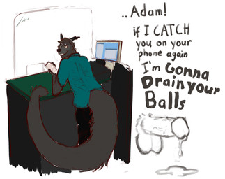 anthro balls bodily_fluids clothing computer cum cum_drip cum_pool desk dripping ear_tuft electronics erection fur furniture genital_fluids genitals glass grey_body grey_fur humanoid_genitalia humanoid_penis hunched_over inside leaning leaning_forward leaning_on_object long_tail looking_back male penis phone prehensile_tail shirt simple_background smile solo table tail text threatening topwear tuft white_background anonymous_artist 4chan adam_jones binturong mammal viverrid english_text hi_res