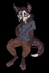 anthro bottomwear brown_bottomwear brown_clothing brown_eyes brown_hair brown_pants clothed clothing grey_clothing grey_shirt grey_topwear hair male pants shirt shy sitting solo topwear lostgoose lostgoose_(character) mammal viverrid 2024 alpha_channel hi_res