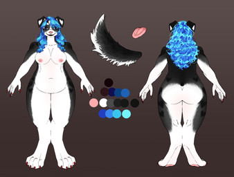 anthro belly big_belly big_butt black_lipstick blue_hair breasts butt claws clothing female hair handwear lipstick makeup nipples nude overweight paws red_claws slightly_chubby solo mittenart rilia border_collie canid canine canis collie domestic_dog herding_dog mammal pastoral_dog sheepdog absurd_res hi_res model_sheet