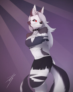 angry anthro arms_tied arthropod_webbing athletic athletic_anthro athletic_female bdsm black_nose bondage bottomwear bound bound_and_gagged breasts cheek_tuft clothed clothed_anthro clothed_female clothing collar curvy_figure ear_piercing ear_ring eyebrow_piercing eyebrow_ring eyebrows eyelashes facial_piercing facial_tuft female fur gag gagged grey_body grey_fur grey_tail hair half-closed_eyes hands_behind_back hourglass_figure inner_ear_fluff legs_tied looking_at_viewer multicolored_body multicolored_fur multicolored_tail narrowed_eyes navel piercing red_sclera restrained restraints ring_piercing simple_background solo spiked_collar spikes standing submissive submissive_anthro submissive_female tail topwear tuft white_body white_eyebrows white_eyes white_fur white_hair white_tail deviantstyle hellaverse helluva_boss mythology loona_(helluva_boss) canid canid_demon canine demon hellhound mammal mythological_canine mythological_creature 4:5 hi_res