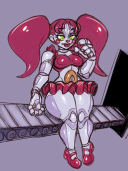 big_breasts bottomwear breasts clothed clothing conveyor_belt female green_eyes grey_body machine not_furry skirt solo thick_thighs wide_hips noupie five_nights_at_freddy's scottgames sister_location circus_baby_(fnaf) humanoid robot robot_humanoid hi_res source_request unavailable_at_source