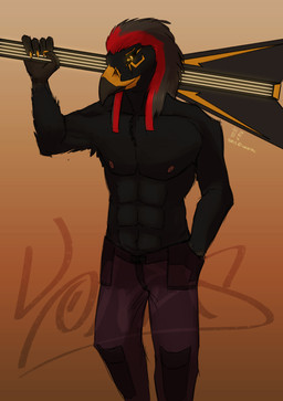 abs alternative_fashion anthro beak biped black_body black_feathers black_hair black_sclera bottomwear clothed clothing cybernetics egyptian electric_guitar feathers gradient_background graffiti guitar hair long_hair machine male markings multicolored_hair muscular muscular_anthro muscular_male musical_instrument nipples p700 pants pecs plucked_string_instrument punk red_hair shorts simple_background smile solo standing string_instrument topless two_tone_hair kavaeric egyptian_mythology middle_eastern_mythology mythology rockgods horus avian bird deity falcon falconid 2016 absurd_res digital_media_(artwork) hi_res portrait three-quarter_portrait watermark