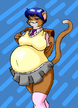 anthro backpack belly big_belly big_breasts blue_hair bottomwear breasts brown_body brown_fur clothing female fur green_eyes hair necktie pregnant school_uniform skirt solo tail topwear uniform danellz domestic_cat felid feline felis mammal digital_media_(artwork)