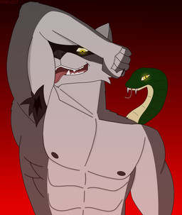 abs anthro areola armpit_hair biceps body_hair fangs flexing flexing_bicep forearm_muscles grey_body licking licking_bicep living_tail male muscular muscular_anthro pecs raised_arm smile snake_tail solo tail teeth tongue unusual_anatomy unusual_tail yellow_eyes danewolf_(artist) vlatt23_pose canid canine canis chimera mammal reptile scalie snake wolf digital_media_(artwork) hi_res