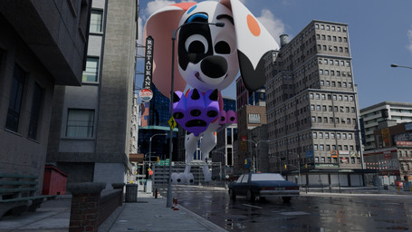 building city feet female fur hindpaw looking_at_viewer low-angle_view macro macro_female markings pawpads paws solo spots spotted_body text vehicle white_body white_fur 101_dalmatian_street 101_dalmatians disney da_vinci_(101_dalmatians) 16:9 4k absurd_res english_text hi_res widescreen