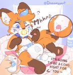 anthro baby_powder balls biped blue_highlights brown_body brown_fur chastity_cage chastity_device clothing collar controller diaper disembodied_hand duo fur gag gagged genitals highlights_(coloring) looking_down lying male object_in_mouth on_back one_eye_closed orange_body orange_fur pacifier pacifier_gag pacifier_in_mouth pawpads penis remote_control sex_toy solo_focus star text vibrator vibrator_on_diaper wand_vibrator white_body white_fur young young_anthro young_male dreamyart canid canine fox mammal artist_name digital_drawing_(artwork) digital_media_(artwork) english_text hi_res