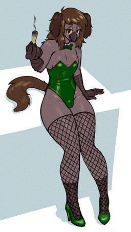 anthro beak biped bow_tie bulge clothed clothing dress drugs fishnet_clothing footwear gynomorph hair high_heels intersex joint joint_in_hand kneeling leash long_hair marijuana shoes sitting skimpy solo speech_bubble tail tail_motion tailwag text underwear doodle_dip olivia_(doodle_dip) avian bird canid canine canis corvid corvus_(genus) crow domestic_dog hybrid mammal oscine passerine 2025 digital_media_(artwork) hi_res meme trans_(lore) trans_woman_(lore)
