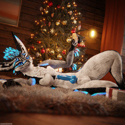 animal_genitalia animal_penis anthro balls biped black_body black_fur blue_body blue_fur blue_penis bodily_fluids canine_genitalia canine_penis carpet christmas_decorations christmas_lights christmas_present christmas_tree claws clothing cookie cum cum_drip cum_dripping_from_penis cum_on_cookie cum_on_food depth_of_field dominant dripping erection food fur genital_fluids genitals gift grey_body grey_fur hair holidays inside knot lying lying_on_ground male multicolored_body nude on_ground on_side open_mouth paws penis plant reflection slim slim_anthro slim_male slim_sub smile solo submissive submissive_male tail teasing teasing_viewer tree white_body white_fur winter dragonplayer christmas dragonplayer_(character) canid canine canis fox hybrid mammal rexouium 1:1 3d_(artwork) absurd_res blender_(artwork) blender_cycles_(artwork) digital_media_(artwork) hi_res