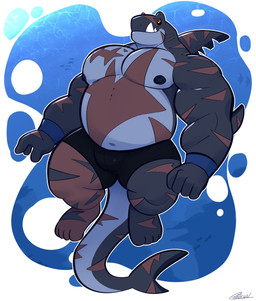 anthro black_briefs black_clothing black_nipples black_sclera black_underwear briefs bulge clothed clothing dorsal_fin elbow_fin fangs fin gills grey_body male musclegut muscular muscular_arms navel nipples non-mammal_navel non-mammal_nipples orange_eyes pecs scar scars_all_over shark_tail smile solo tail teeth topless topless_anthro topless_male underwear wristband same22shark nelson_(same22shark) aquatic fish shark 2023 digital_media_(artwork) hi_res