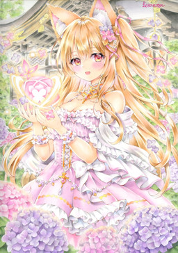 animal_ears asian_architecture blonde_hair breasts cleavage clothed clothed_female clothing dress female flower frilly frilly_clothing frilly_dress fully_clothed fully_clothed_female hair hydrangea inner_ear_fluff jewelry long_hair plant solo tree tuft wristband besanten animal_humanoid canid canid_humanoid canine canine_humanoid fox_humanoid humanoid mammal mammal_humanoid absurd_res hi_res painting_(artwork) signature traditional_media_(artwork) traditional_painting_(artwork) traditional_watercolor_(artwork) watercolor_(artwork)
