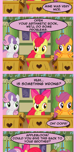 accessory bow_(feature) bow_accessory bow_ribbon centered_hair_bow classroom curtains desk feathered_wings feathers female feral fur furniture group hair hair_accessory hair_bow hair_ribbon horn inside looking_at_viewer multicolored_hair orange_body orange_feathers orange_fur purple_eyes red_hair ribbons school table text white_body white_fur window wings yellow_body yellow_fur henbe friendship_is_magic hasbro my_little_pony mythology apple_bloom_(mlp) cutie_mark_crusaders_(mlp) scootaloo_(mlp) sweetie_belle_(mlp) earth_pony equid equine horse mammal mythological_creature mythological_equine pegasus pony unicorn 2015 absurd_res comic english_text hi_res