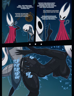 3_panel_comic abdominal_bulge anthro anthro_on_anthro arm_grab arm_pull bent_over big_breasts black_body blush bodily_fluids breasts butt cloak clothed clothing dialogue duo female from_behind_position hanging_breasts heart_symbol male male/female moan motion_lines multicolored_body nipples nude onomatopoeia penetration penile penile_penetration plap red_clothing sex shaking simple_background sound_effects sweat text tired vaginal vaginal_penetration weapon jizothewanderer hollow_knight:_silksong hollow_knight_(franchise) team_cherry hornet_(hollow_knight) sprintmaster_swift arachnid arthropod insect spider absurd_res comic english_text hi_res