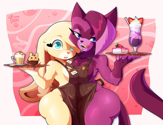 anthro apron apron_only beverage big_breasts big_butt blue_eyes breast_squeeze breast_squish breasts breasts_frottage brown_apron brown_clothing butt cafe cake clothing coffee coffee_cup container cream_(food) cup cupcake dessert duo eyelashes fangs female female/female food food_tray fur gesture grapy_the_cat heart_nose heart_symbol licking licking_lips looking_at_viewer malt purple_body purple_fur seductive smoothie squeezing squish standing suggestive suggestive_gesture tan_body tan_fur teeth thick_thighs tongue tongue_out waiter waitress_uniform bere_dolly_art muffin_the_bunny domestic_cat felid feline felis lagomorph leporid mammal rabbit absurd_res cel_shading hi_res shaded