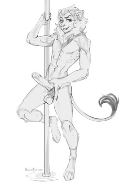 anthro crown dancing genitals headgear laurel_wreath male mane penis pole pole_dancing solo beavertyan bilyonaire felid lion mammal pantherine absurd_res digital_media_(artwork) greyscale hi_res monochrome