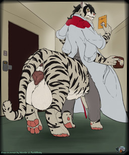 animal_genitalia animal_vulva balls big_balls big_vulva bottomwear canine_genitalia canine_vulva clothed clothed_taur clothing coat container cup door envelope fangs furgonomic_bottomwear furgonomic_topwear furgonomics genitals hallway herm huge_balls hyper hyper_balls hyper_genitalia intersex lab_coat multi_arm multi_limb partially_clothed pawpads rear_view sabertooth_(anatomy) solo standing taur_clothing teeth topwear vulva walking nikkyvix grace_dawntracker felid feline mammal prehistoric_species saber-toothed_tiger taur hi_res