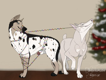ambiguous_gender animal_genitalia animal_penis bdsm black_body black_fur blue_eyes blue_sclera blurred_background bondage bound canine_genitalia canine_penis christmas_decorations christmas_lights christmas_tree duo eye_contact feral fur genitals grey_body grey_fur holidays inside knot knot_in_sheath logo looking_at_another male narrowed_eyes penis penis_tip plant red_penis sheath side_view string_light_bondage string_lights three-quarter_view tree white_body white_fur unbreakable-warrior christmas canid canine canis domestic_dog mammal artist_logo signature