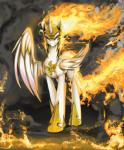 2014 2015 alternate_color alternate_hairstyle animated armor daybreaker_(mlp) equid equine equum_amici feathered_wings feathers female feral fire flaming_hair flaming_mane flaming_tail friendship_is_magic hasbro headgear helmet horn looking_at_viewer mammal my_little_pony mythological_creature mythological_equine mythology pseudo_hair pseudo_mane pupils purple_eyes santagiera short_playtime slit_pupils smoke solo standing tail white_body white_feathers winged_unicorn wings