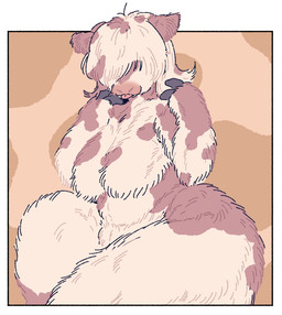 anthro arm_tuft big_breasts border bottom_heavy breast_tuft breasts brown_body brown_breasts brown_ears brown_fur brown_hair brown_nose crotch_tuft elbow_tuft female fingers fluffy fur fur_tuft hair hair_over_eyes leg_tuft light_body light_fur light_hair medium_hair mouth_closed multicolored_body multicolored_breasts multicolored_fur multicolored_hair naturally_censored nude nude_anthro nude_female outside_border pattern_background pink_tongue pose simple_background sitting slightly_chubby slightly_chubby_anthro slightly_chubby_female snout solo thick_thighs thigh_tuft three-quarter_view tongue tongue_out tuft two_tone_body two_tone_breasts two_tone_fur two_tone_hair white_body white_border white_breasts white_fur white_hair wide_hipped_anthro wide_hipped_female wide_hips sori0414 bovid bovine cattle mammal 2025 digital_drawing_(artwork) digital_media_(artwork) hi_res portrait three-quarter_portrait